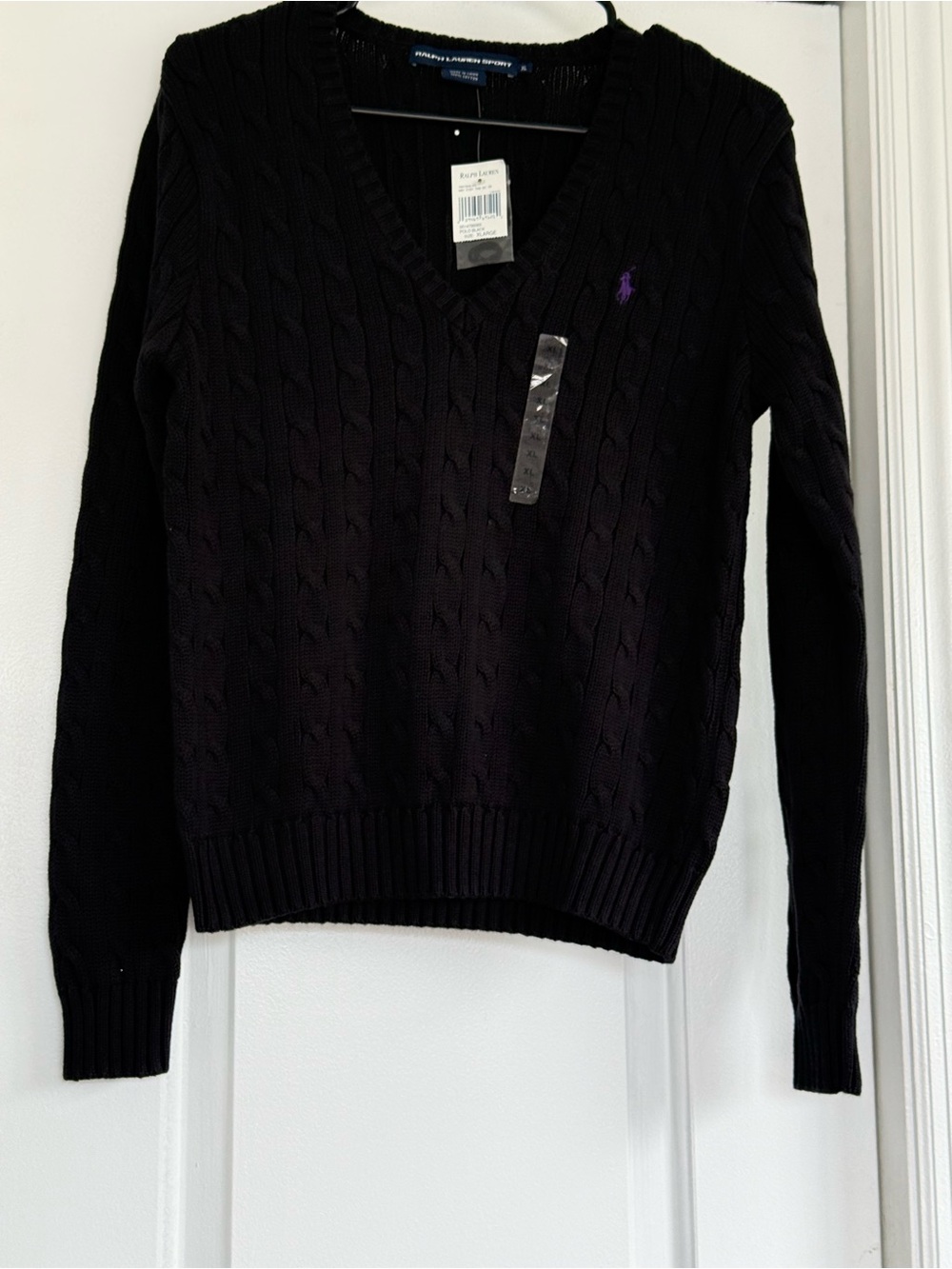 Ralph Lauren Women’s V-Neck Cable Knit Sweater - Black with Purple Pony